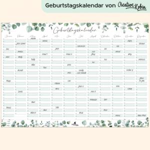 Geburtstagskalender immerwährend Eukalyptus I Jahresunabhängiger Wandkalender I DIN A3 Dauerkalender I CreativeRobin Bild 1