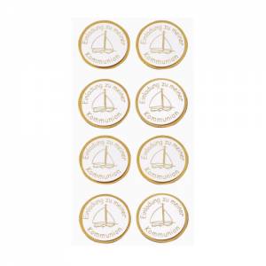 Sticker Einladung Kommunion rund mit Schiff 8 Stück goldfarben Bild 1