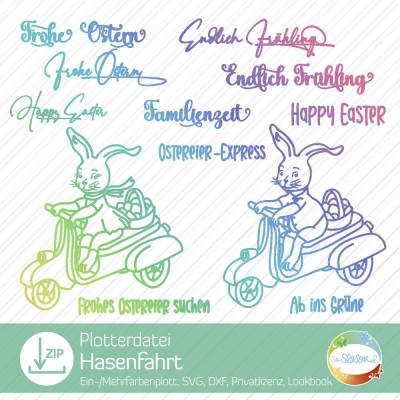 Plotterdatei Hasenfahrt, Folienplott Osterhase auf Roller, Mehrfarbenplott Ostern, Frühling, Ostereier
