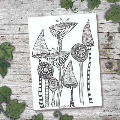 Einzigartiges Blumendesign mit Fineliner auf Künsterpapier, Crazy Flowers als Schwarz- Weiss Kunstwerke, ungerahmt, Wand