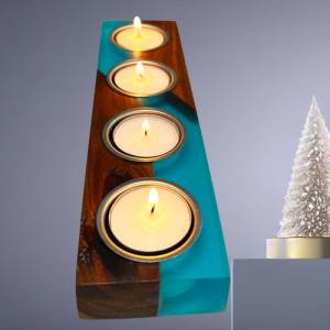 Kerzenhalter für 4 Teelichter aus Pflaumenholz und Epoxy Unikat Bild 3