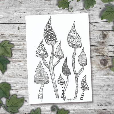 Einzigartiges Blumendesign mit Fineliner auf Künsterpapier, Crazy Flowers als Schwarz- Weiss Kunstwerke, ungerahmt 