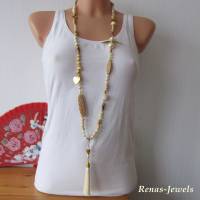 Bettelkette Kette lang beige weiß creme goldfarben mit Quasten Anhänger Perlenkette Bohokette Handgefertigt Bild 4