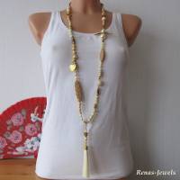 Bettelkette Kette lang beige weiß creme goldfarben mit Quasten Anhänger Perlenkette Bohokette Handgefertigt Bild 6