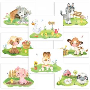 8er Poster Set von Farmtieren fürs Babyzimmer I Süße Kinderzimmer Deko mit Pferdchen, tapsigen Küken & co. Bild 1