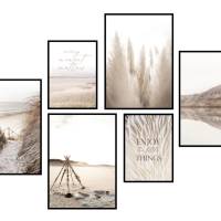 CreativeRobin Poster Set als Wohnzimmer Deko | 4x A3 + 2x A4 Wandbilder Collage | ohne Rahmen » Pampasgras Strand « Bild 1