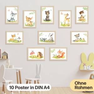10er Poster-Set Waldtiere Kinderzimmer I Bär, Reh, Bieber, Fuchs uvm. mit Flora I Babyzimmer Deko I ohne Rahmen Bild 2