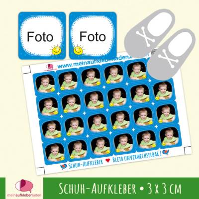 24 Schuhaufkleber | Sonne - personalisierbar mit Foto - blau + Schutzfolie - 3 x 3 cm