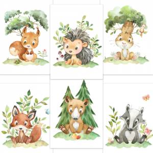 Süßes 6er Waldtier Poster-Set fürs Kinderzimmer I Schöne Babyzimmer Deko mit Bär, Fuchs, Igel und co. Bild 1