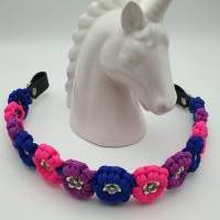 Stirnband / Stirnriemen für Pferde in breiter Blümchenoptik Pink / Blau mit silbernen Perlem Bild 6