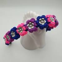 Stirnband / Stirnriemen für Pferde in schmaler Blümchenoptik Pink / Blau mit silbernen Perlem Bild 3
