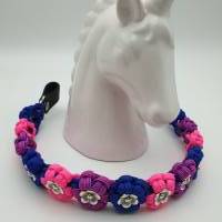 Stirnband / Stirnriemen für Pferde in schmaler Blümchenoptik Pink / Blau mit silbernen Perlem Bild 5