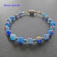 Glasperlenarmband Millefiori Glasperlen blau bunt silberfarben Perlen Armband  Perlenarmband Glasarmband Handgefertigt Bild 1