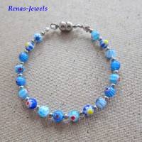 Glasperlenarmband Millefiori Glasperlen blau bunt silberfarben Perlen Armband  Perlenarmband Glasarmband Handgefertigt Bild 3