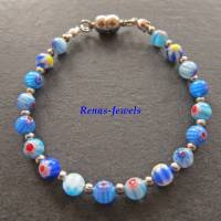 Glasperlenarmband Millefiori Glasperlen blau bunt silberfarben Perlen Armband  Perlenarmband Glasarmband Handgefertigt Bild 6