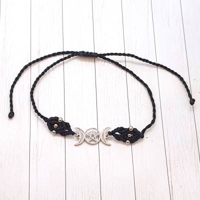 Makramee-Armband Dreifacher Mond aus Edelstahl – Verstellbares Knüpfarmband mit Pentagramm