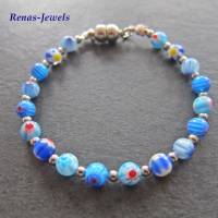 Glasperlenarmband Millefiori Glasperlen blau bunt silberfarben Perlen Armband Perlenarmband Glasarmband Handgefertigt Bild 1
