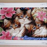 Gesticktes Bild " Drei Kätzchen mit Lilien" Kreuzstich Katzen Lilien Stickerei Bild 1