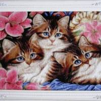 Gesticktes Bild " Drei Kätzchen mit Lilien" Kreuzstich Katzen Lilien Stickerei Bild 2