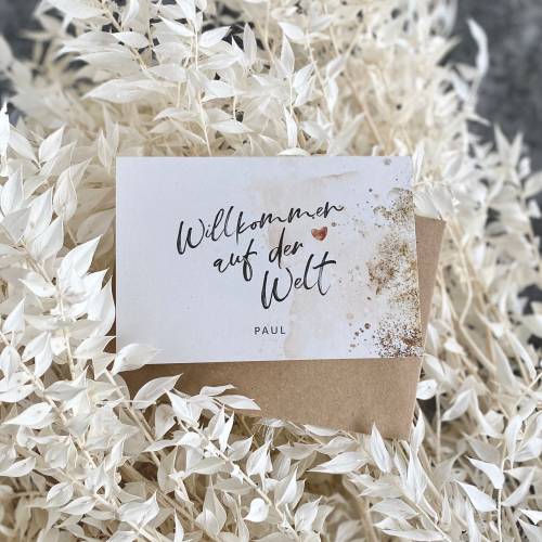 Glückwunschkarte Klappkarte GRACE Geburt Willkommen auf der Welt + Briefumschlag personalisiert