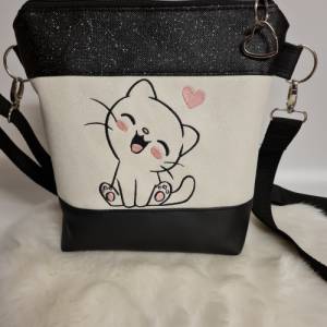 Kleine Handtasche Katze schwarz Umhängetasche mit Glitzer Tasche mit Anhänger Kunstleder Bild 2