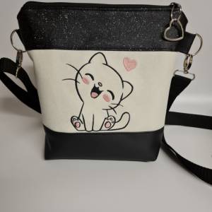 Kleine Handtasche Katze schwarz Umhängetasche mit Glitzer Tasche mit Anhänger Kunstleder Bild 6