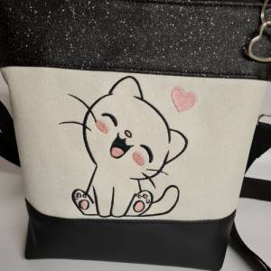 Kleine Handtasche Katze schwarz Umhängetasche mit Glitzer Tasche mit Anhänger Kunstleder Bild 7