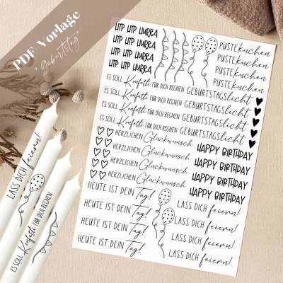 Geburtstag PDF Vorlage Kerzentattoo Kerzensticker Kerzen Hip Hip Hurra Pustekuchen Konfetti Wunscherfüller