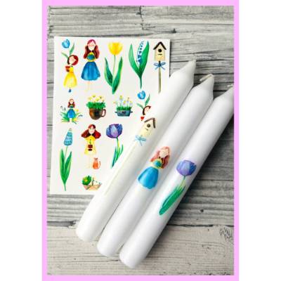 Kerzentattoo BLUMENMÄDCHEN, A6, Wasserschiebefolie, Kerzenfolie, Kerzensticker, Kerzen beschriften, Blumen, Frühling