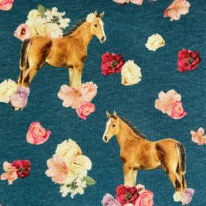 Sweat Pferde und Blumen auf jeansfarbenem Grund Bild 2