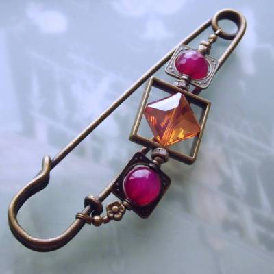 Jade Tuchnadel Pink und Orange, 10cm Bronze Schalnadel Kristall und Edelstein N10-AB-21