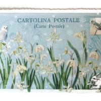 Nostalgie Postkarte Schneeglöckchen Eule Blaumeise Hase Glitterpostkarte Glückwunschkarte Bild 1
