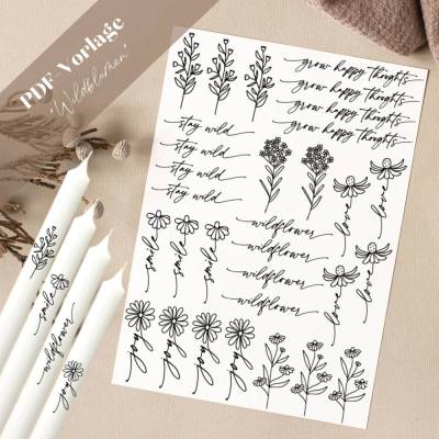 Wildblumen PDF Vorlage Kerzentattoo Kerzensticker Kerzen Frühling Love Smile Joy Blumen Wild flower Floral Geschenk 