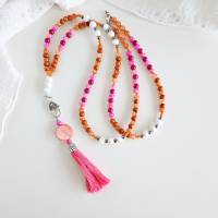lange Kette pink und orange, Perlenkette mit Anhänger zum wechseln, bunte Perlenkette, Kette mit Quaste pink Bild 1