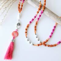lange Kette pink und orange, Perlenkette mit Anhänger zum wechseln, bunte Perlenkette, Kette mit Quaste pink Bild 2