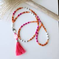 lange Kette pink und orange, Perlenkette mit Anhänger zum wechseln, bunte Perlenkette, Kette mit Quaste pink Bild 3