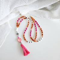lange Kette pink und orange, Perlenkette mit Anhänger zum wechseln, bunte Perlenkette, Kette mit Quaste pink Bild 9