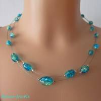 Glaskette zweireihig Glas Perlen oval türkis grün silberfarben Glasperlen Kette Perlenkette handgefertigt Bild 1