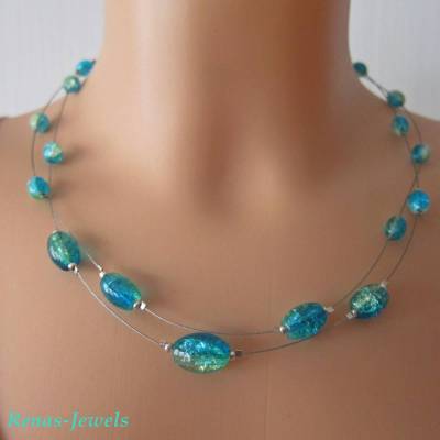 Glaskette zweireihig Glas Perlen oval türkis grün silberfarben Glasperlen Kette Perlenkette handgefertigt