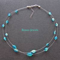 Glaskette zweireihig Glas Perlen oval türkis grün silberfarben Glasperlen Kette Perlenkette handgefertigt Bild 3
