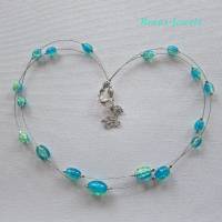 Glaskette zweireihig Glas Perlen oval türkis grün silberfarben Glasperlen Kette Perlenkette handgefertigt Bild 5