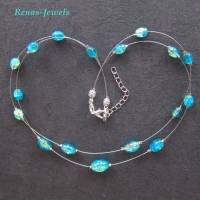 Glaskette zweireihig Glas Perlen oval türkis grün silberfarben Glasperlen Kette Perlenkette handgefertigt Bild 8
