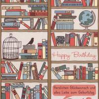 10 Postkarten Happy Birthay, Glückwunschkarte für lesebegeisterte Kinder mit Katze im Bücherregal Bild 1