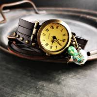 Armbanduhr, Wickeluhr, Lederuhr, gold-grün Bild 1