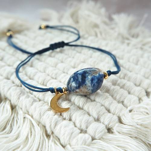 Selbstbewusstsein Armband, Sodalith und Mond gold (Edelstahl), für jedes Handgelenk (klein oder groß)