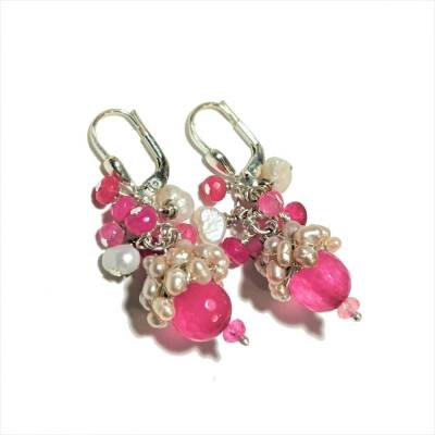 Ohrringe handgefertigt mit pink Achat und Keshiperle weiß an 925er Silber boho Barock