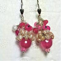 Ohrringe handgefertigt mit pink Achat und Keshiperle weiß an 925er Silber boho Barock Bild 3
