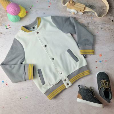 Kinder Collegejacke Gr 86/92 in Weiß Grau Senfgelb