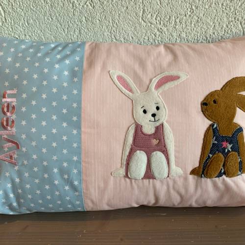 Geburtskissen, Namenskissen, Hasen rosa/blau