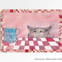 Katzenliebe NASCHKATZE Aquarellbild handgemalt Geschenkidee Wandbild auf Holz Leinwand Kunstdruck Landhausstil kaufen Bild 3